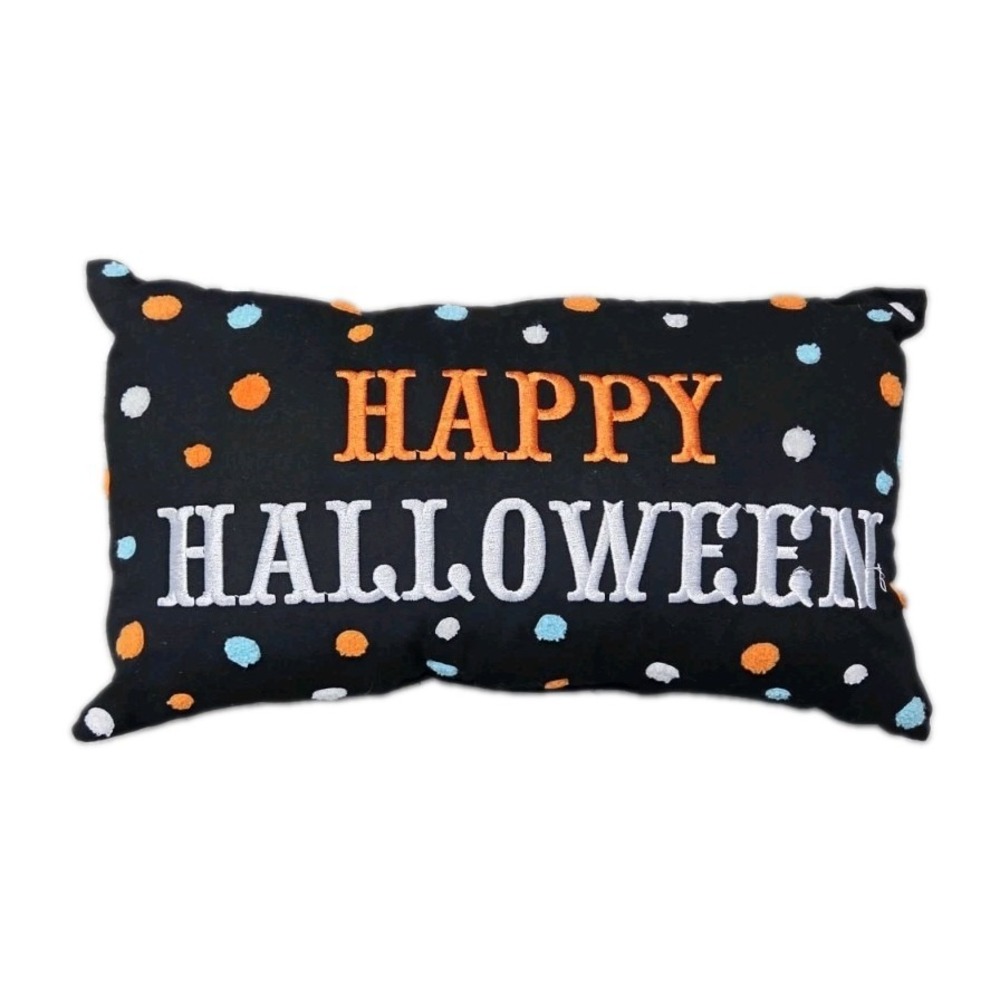 Black Fabric Lumbar Halloween Accent Pillow Colorful Polka Dots Happy Halloween